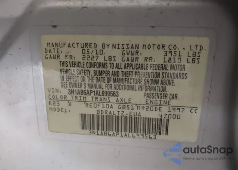 2010 Nissan Sentra 2.0Sr из США, поврежденный, VIN 3N1AB6AP1AL699563